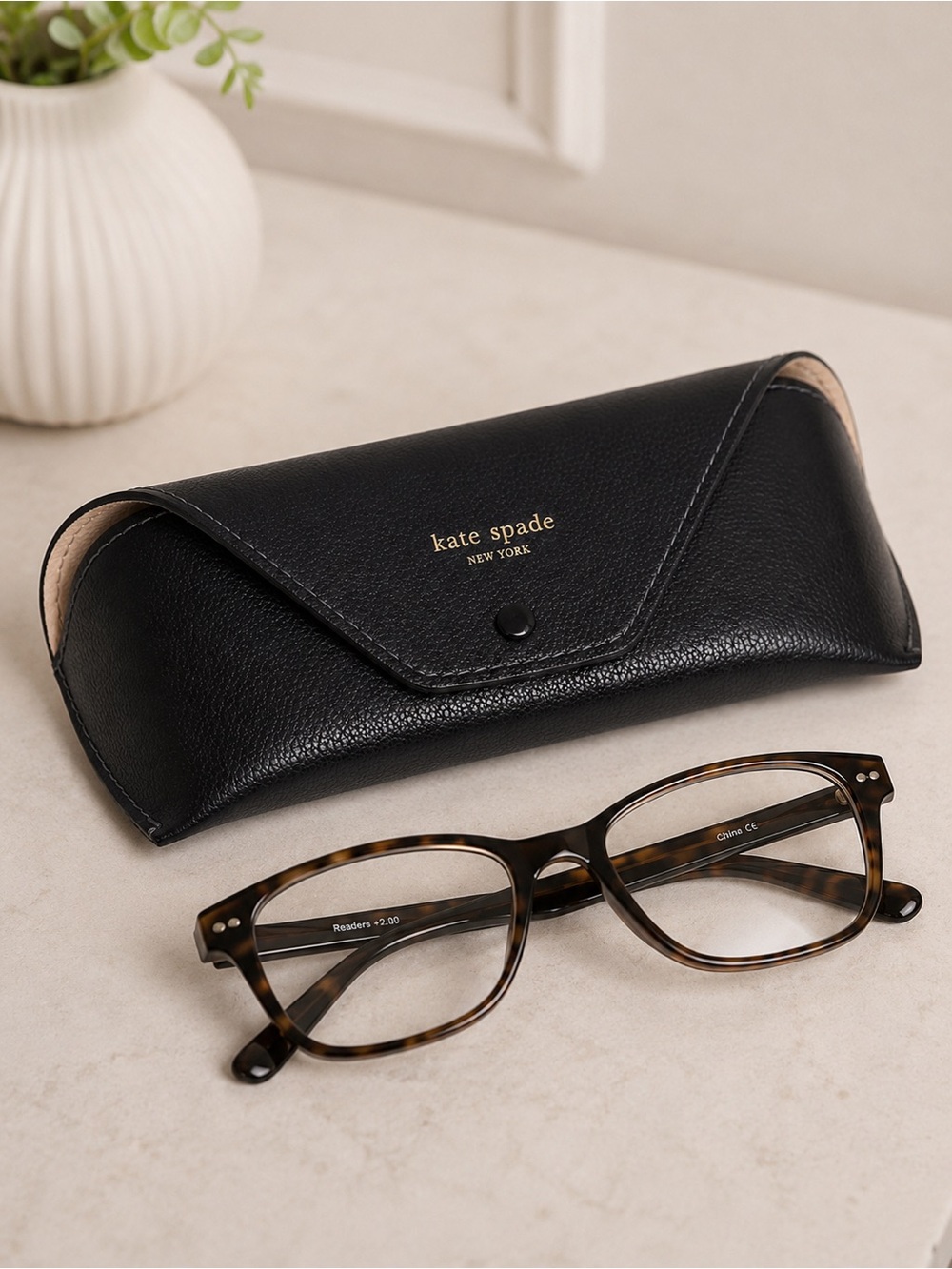 Kate Spade Black Leather Eyeglass Case Snap Closure Logo